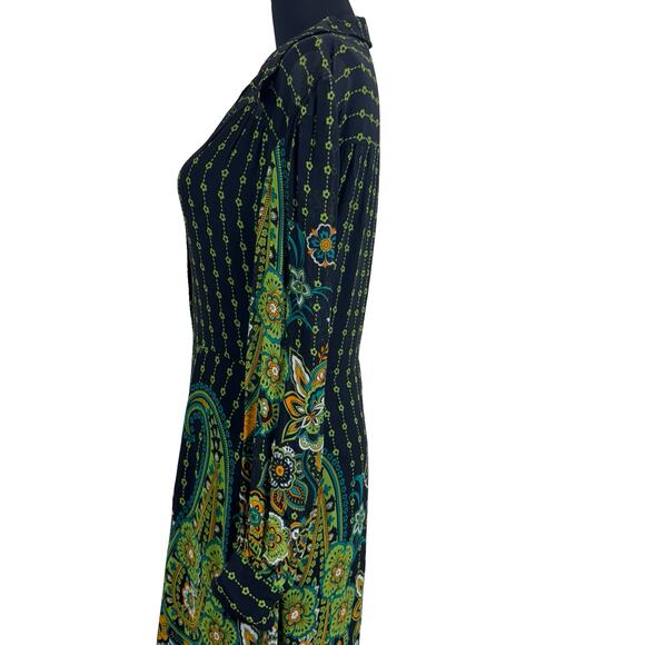 Vintage 70s Psychedelic Paisley Shirt Dress – Black, Green, Floral, M - Picture 3 of 16